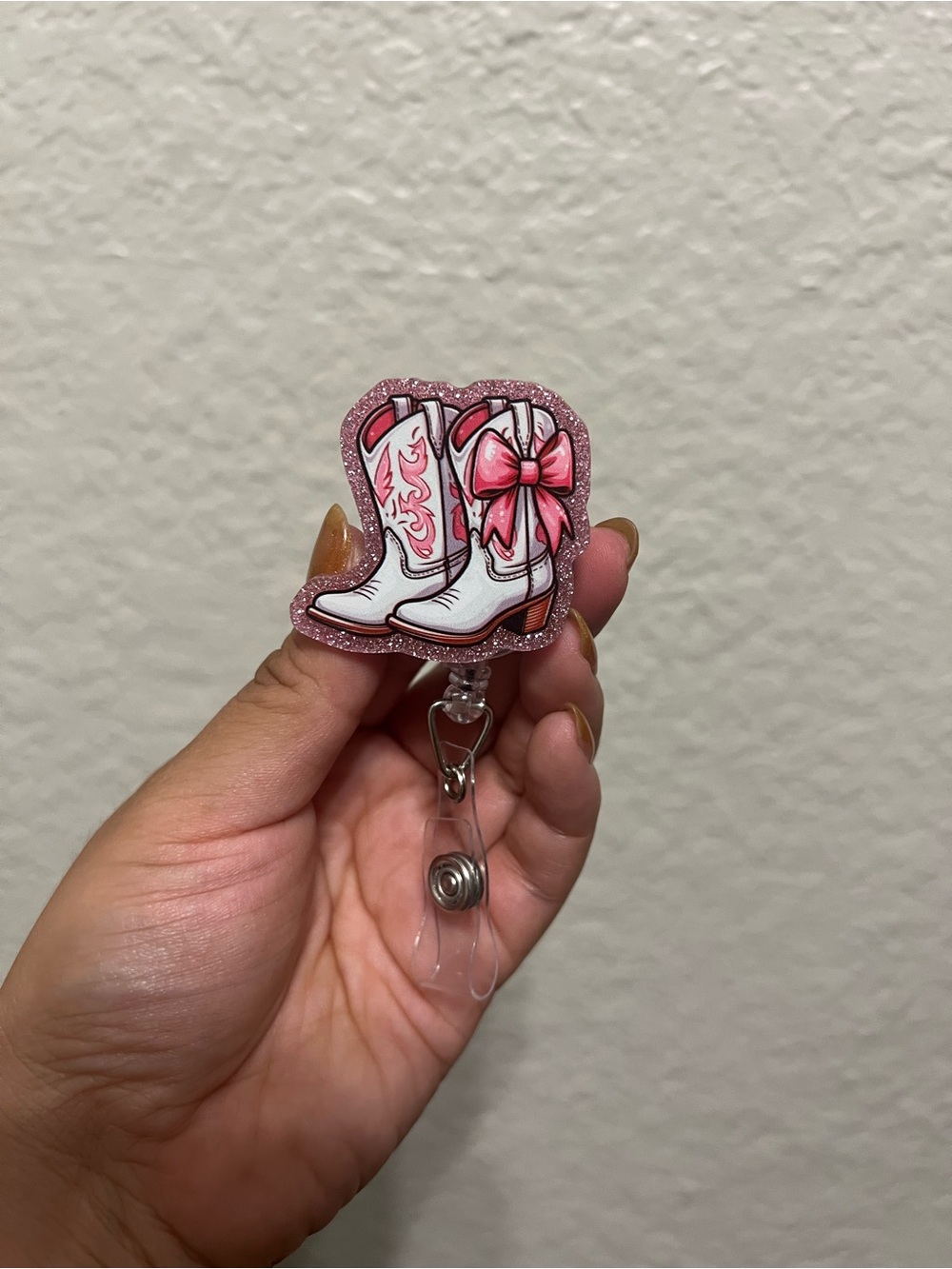 Pink & White Cowboy Boot Badge Reel- ID Holder
